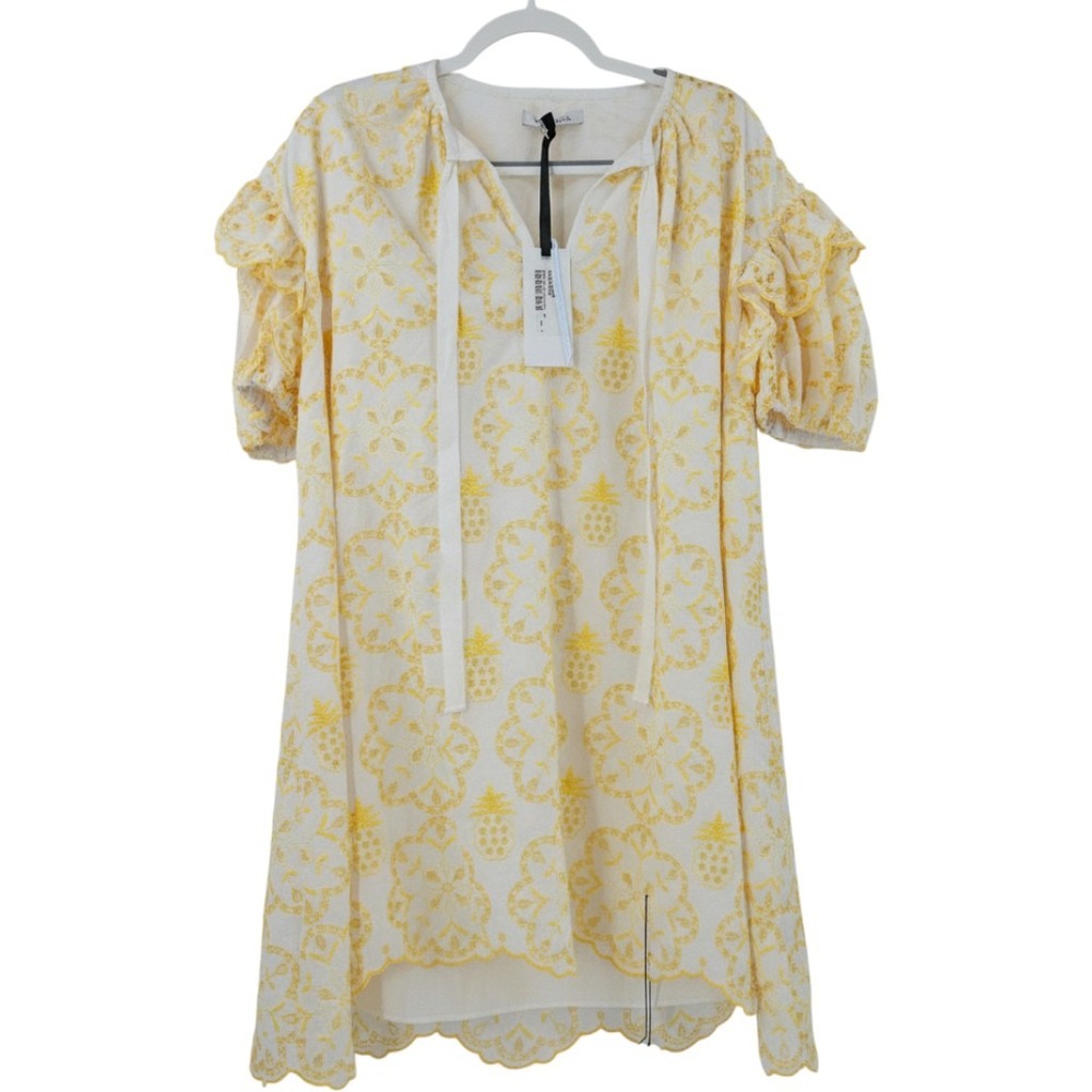 Vivetta Embroidered Mini Dress White Yellow Pineapple Puff Sleeve NWT Size US 4